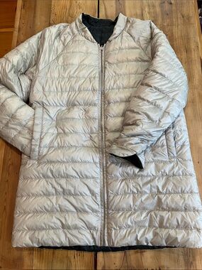 ATHLETA M ReversaWarm Down Feather Coat Parka Reversible Grey/Birch Grey